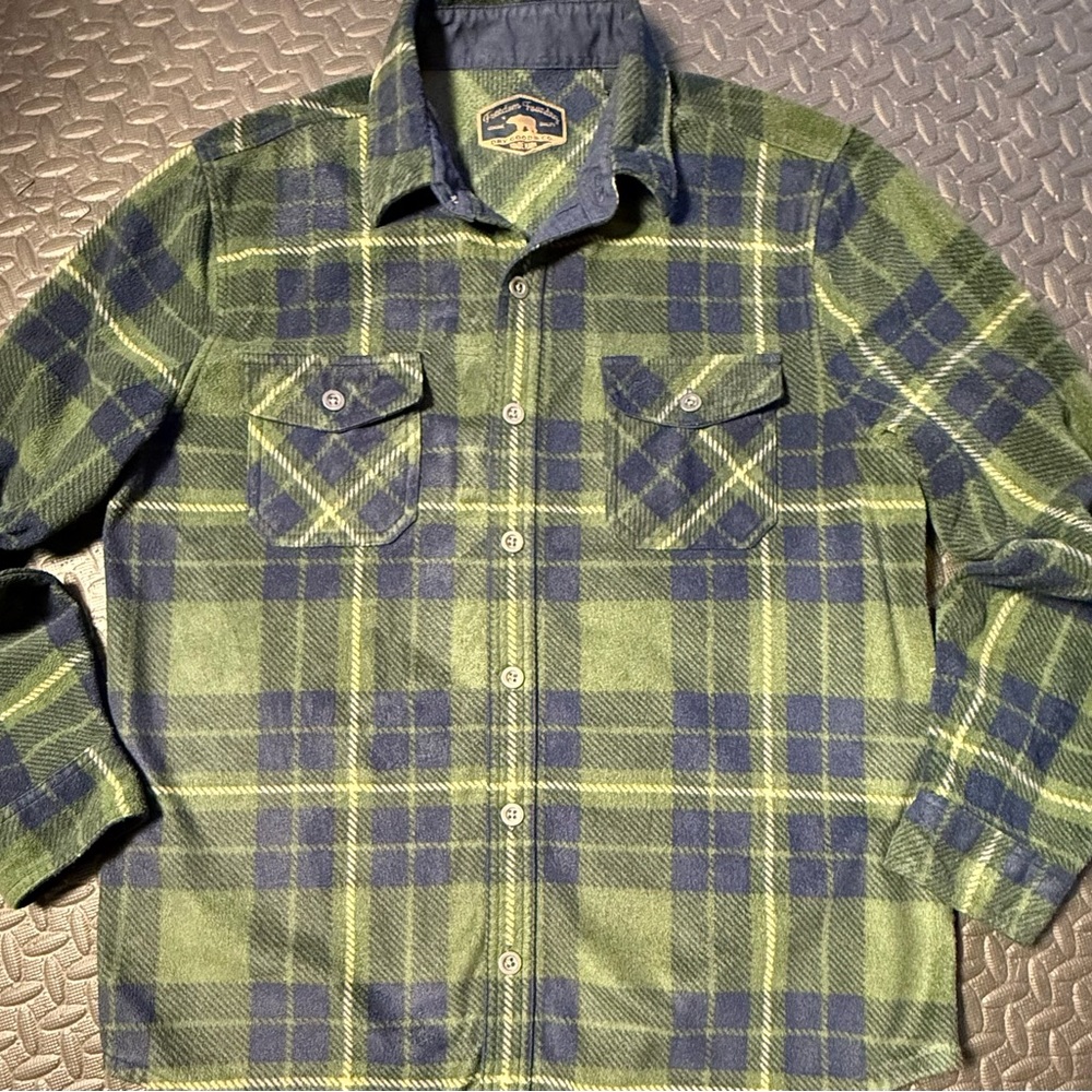 Men’s Lightweight Green & Blue Plaid Grizzly Fleece Shirt Size Large